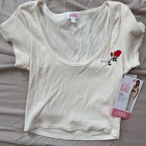 Mills by Millie Bobby Brown Cream Ribbed Women's Top with Rose Embroidery